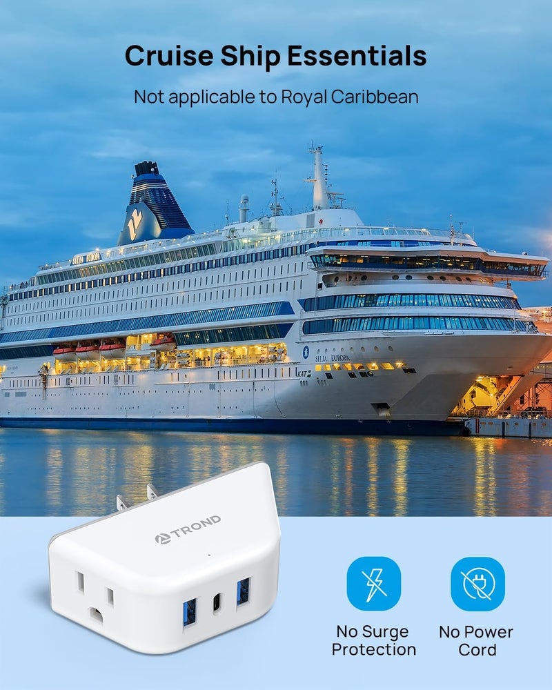 TROND Outlet Extender with USB, Wall Splitter with 2 AC Sockets, 3 USB Ports, 3-Side Design Wall Plug Adapter, Cruise Essentials, Plug Extension Outlet for Travel Home Office, White - Image 5